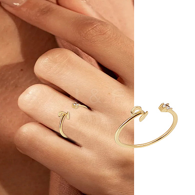 1Pc Letter Brass Rhinestone Open Cuff Rings for Women AJEW-LP0004-47S-G-1