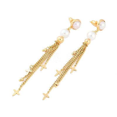 Brass ABS Plastic Pearl Tassel Stud Earrings EJEW-U040-15G-1