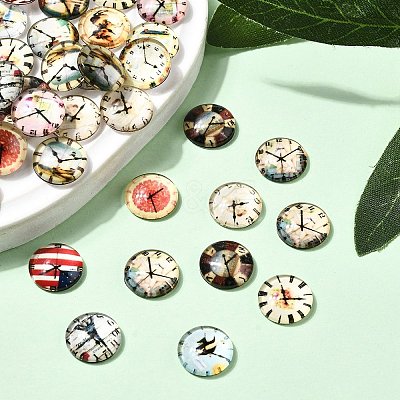 Clock Printed Glass Cabochons GGLA-A002-12mm-YY-1