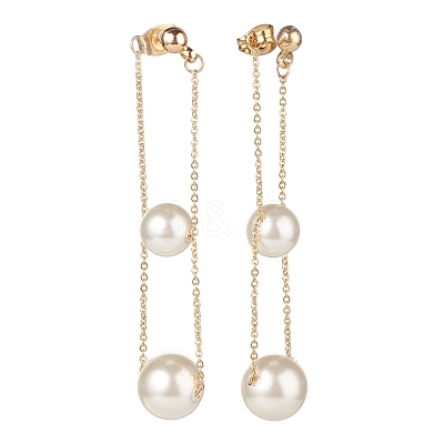 Round Shell Beads with Long Chain Tassel Dangle Stud Earrings EJEW-TA00092-1