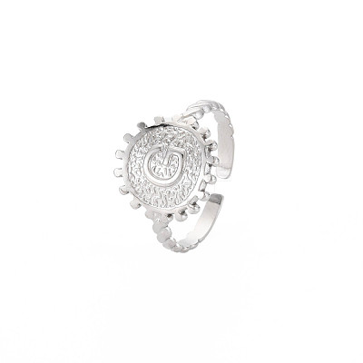 Non-Tarnish 304 Stainless Steel Flat Round with Initial Letter Open Cuff Ring for Men Women RJEW-S405-246P-G-1