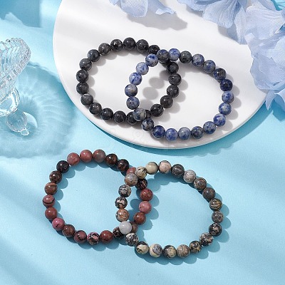 4Pcs Constellation 8mm Round Natural Larvikite & Blue Spot Jasper & Rhodonite & Picasso Jasper Beaded Stretch Bracelets for Women BJEW-JB10639-1