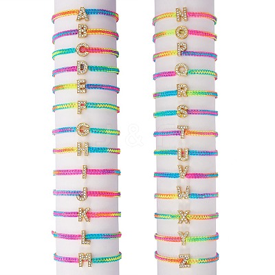 Crystal Rhinestone Initial Braided Bead Bracelet BJEW-SW00037-07-1