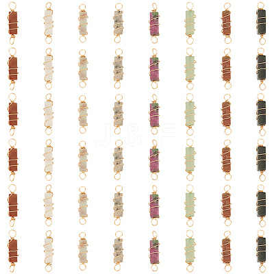 48Pcs 8 Colors Natural Mixed Gemstone Brass Wire Wrapped Column Connector Charms PALLOY-HY00042-1