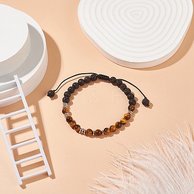 Natural Tiger Eye & Lava Rock Braided Bead Bracelet BJEW-TA00188-01-1