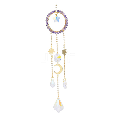 Natural Amethyst Woven Net/Web with Feather Window Hanging Suncatchers HJEW-JM00852-03-1