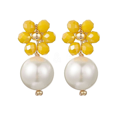 4 Pairs 4 Colors Glass & Shell Pearl Flower with Round Dangle Stud Earrings EJEW-TA00748-1