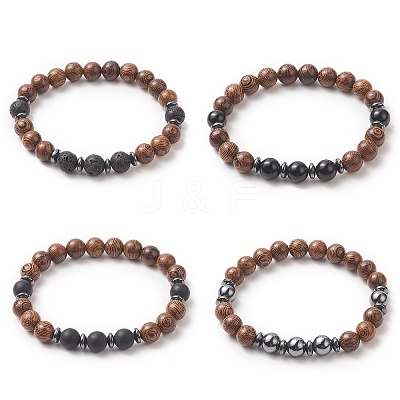 Gemstone & Natural Wood Beaded Stretch Bracelet for Men Women BJEW-JB09295-1