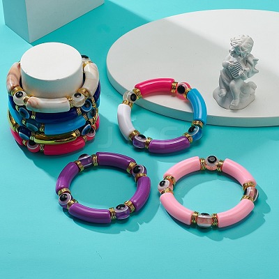8Pcs 8 Color Acrylic Curved Tube & Plastic Evil Eye Beaded Stretch Bracelets Set BJEW-JB08963-1