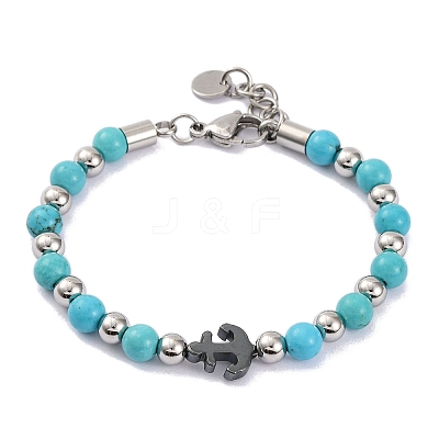 Synthetic Turquoise & Synthetic Magnetic Hematite Anchor Beaded Bracelet BJEW-P339-01P-05-1
