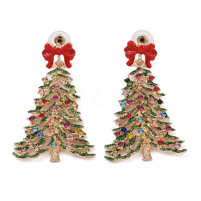 Bowknot Christmas Tree Alloy Colorful Rhinestone & Enamel Dangle Stud Earrings for Women EJEW-L203-11KCG-1