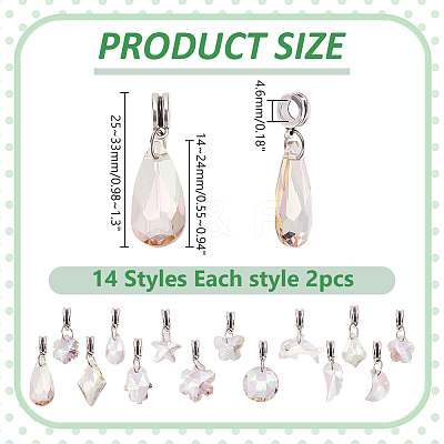 28Pcs 14 Style Glass European Dangle Charms PALLOY-WR00020-1