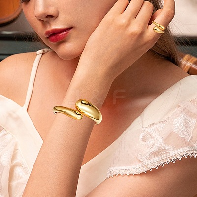 Brass Teardrop Open Cuff Rings & Open Cuff Bangles Jewelry Sets for Women SJEW-SZ0001-016G-1