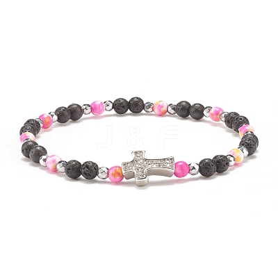 Natural & Synthetic Mixed Gemstone Beaded Stretch Bracelet with Clear Cubic Zirconia Cross for Women BJEW-JB08247-04-1