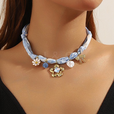 Alloy Enamel & Rhinestone & Resin & Acrylic Flower Pendant Printed Cloth Scarf Necklaces for Women FS-WG8696E-01-1