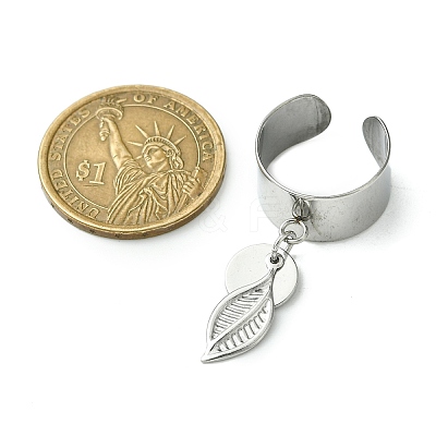 8Pcs 4 Style 304 Stainless Steel Open Cuff Finger Rings with Leaf Charms RJEW-AB00008-1
