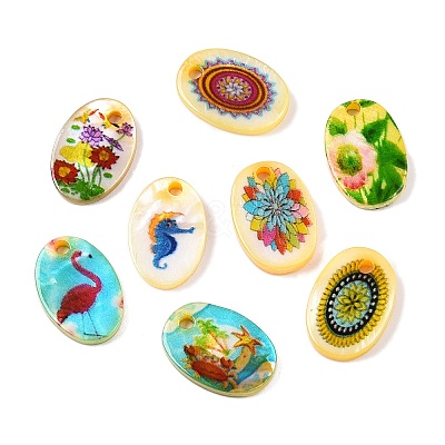 Natural Freshwater Shell Double Face Printed Oval Charms SHEL-T020-05M-1