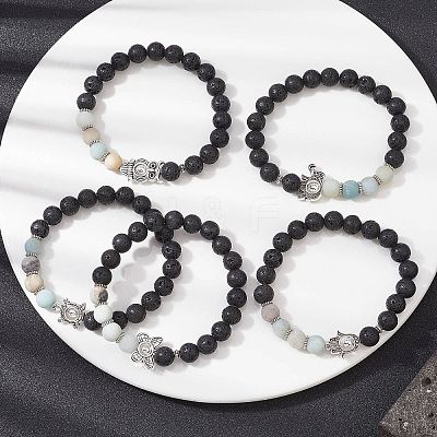 Natural Flower Amazonite & Lava Rock & Alloy Beaded Stretch Bracelet BJEW-JB09746-1
