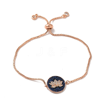 Rack Plating Brass Micro Pave Clear & Dark Blue Cubic Zirconia Box Chain Lotus Flower Link Slider Bracelets BJEW-G716-01RG-1
