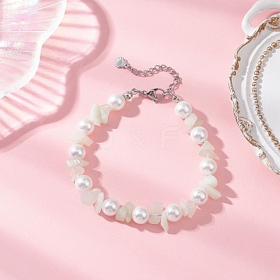 Natural New Jade Chip & Glass Shell Round Beaded Bracelets BJEW-JB12317-02-1
