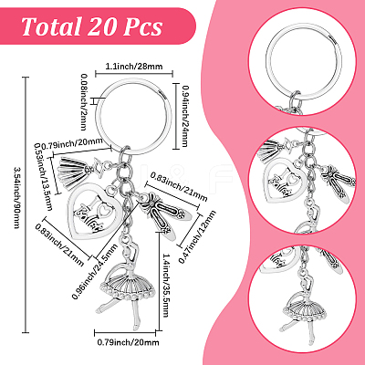 20Pcs Alloy Ballet Shoes & Dancing Girl & Heart Keychains KEYC-SC00043-1