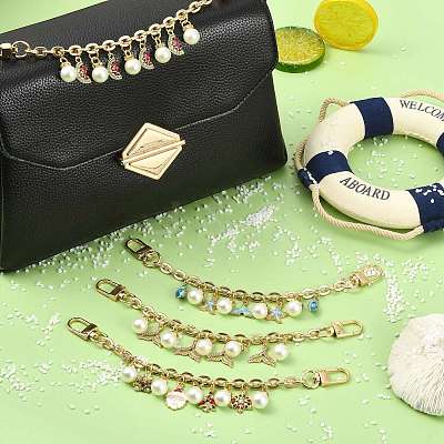 4Pcs 4 Styles Alloy Rhinestone with Acrylic Pearl Bead Charm Cable Chain Bag Decorative Chains HJEW-FS00060-03-1
