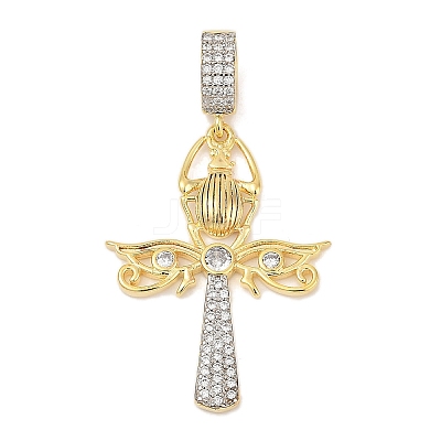 Brass Micro Pave Clear Cubic Zirconia Egyptian Ankh Cross Beetle European Dangle Charms KK-U058-47G-1