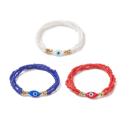 3Pcs 3 Color Evil Eye Lampwork & Glass Seed & Brass Beaded Triple Layer Multi-strand Bracelets Set for Women BJEW-JB09251-1