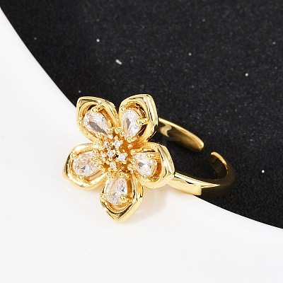 Flower Brass Micro Pave Clear Cubic Zirconia Cuff Rings RJEW-S633-02G-1
