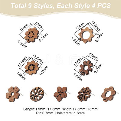 36Pcs 9 Style Walnut Wood Stud Earring Findings MAK-UN0001-43-1