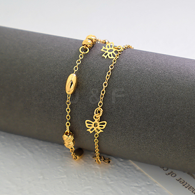 Vintage Beach Brass Bowknot Tassel Double Layer Chain Anklets for Women UO2435-1
