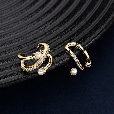 Brass Micro Pave Clear Cubic Zirconia C-Shaped Cuff Earrings EJEW-D328-08G-1