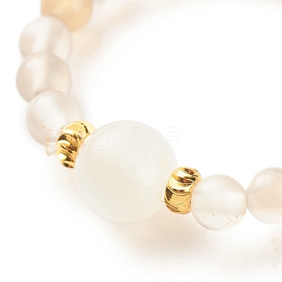 Natural Grey Agate Round Beaded Stretch Ring with Moonstone RJEW-JR00440-02-1