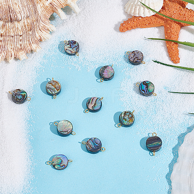 12Pcs Natural Abalone Shell/Paua Shell Flat Round Connector Charms PALLOY-WH00010-1
