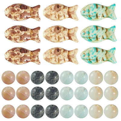 50Pcs Round Natural Flower Amazonite and 15Pcs 3 Colors Fish Dyed Synthetic Turquoise Beads Sets G-TA0003-04-1