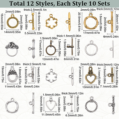 120Pcs 12 Styles Tibetan Style Toggle Clasps FIND-SP0001-25-1