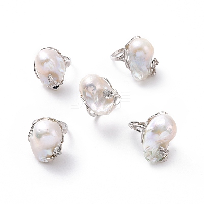 Natural Pearl Nugget with Cubic Zirconia Leaf Open Cuff Ring RJEW-P033-02P-02A-1