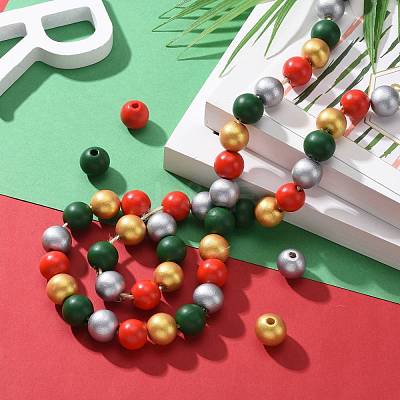 160Pcs 4 Colors Christmas Painted Natural Wood Round Beads WOOD-LS0001-01N-1