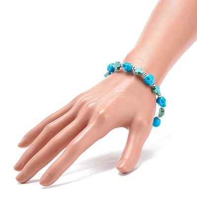 Synthetic Turquoise(Dyed) Cross & Skull Beaded Stretch Bracelet BJEW-JB08452-04-1