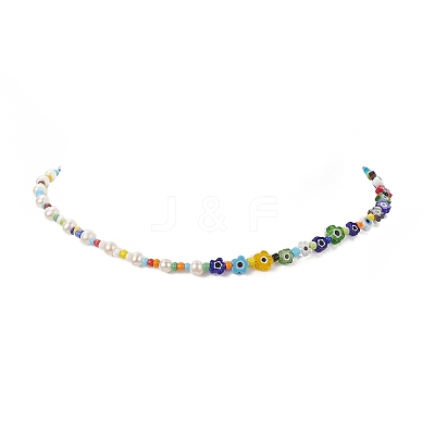 Natural Pearl & Millefiori & Seed Glass Beaded Necklace for Women NJEW-JN04161-1