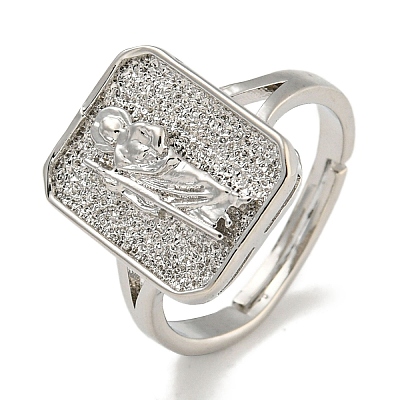 Rectangle with Saint Rack Plating Brass Adjustable Rings for Women RJEW-I105-03P-03-1