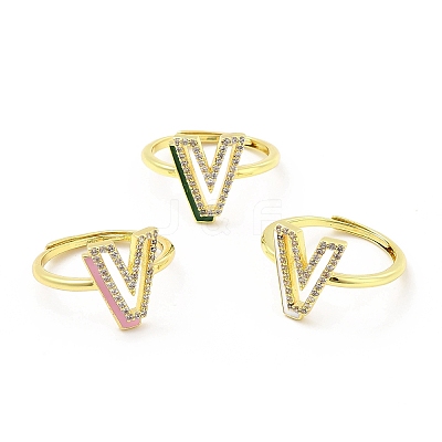 Mixed Color Enamel Initial Letter Adjustable Ring with Clear Cubic Zirconia RJEW-P045-01G-V-1