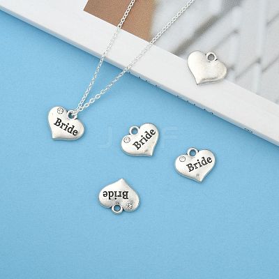 Wedding Theme Antique Silver Tone Tibetan Style Heart with Bride Rhinestone Charms X-TIBEP-N005-12E-1