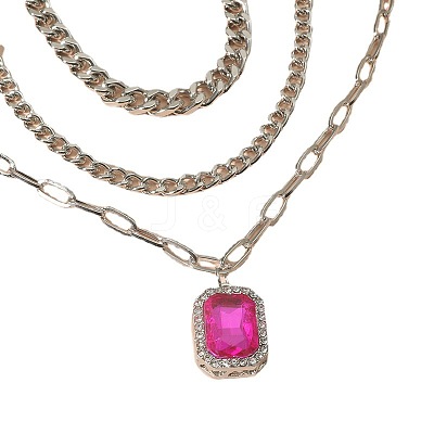 3Pcs Elegant Alloy Fuchsia Rhinestone Rectangle Pendant 3 Layer Necklaces Sets QV2693-1-1
