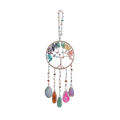 7 Chakra Copper Wire Wrapped Natural & Synthetic Mixed Stone Chips Tree of Life Suncatchers HJEW-F027-06-1