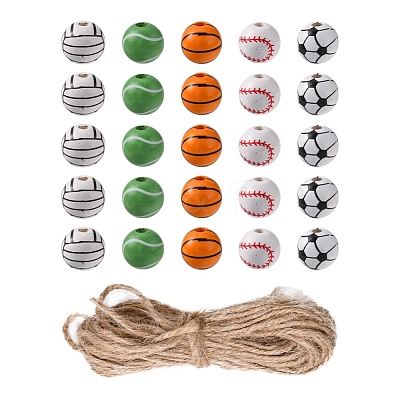 50Pcs 5 Styles Printed Natural Wood European Beads WOOD-YW0001-06-1