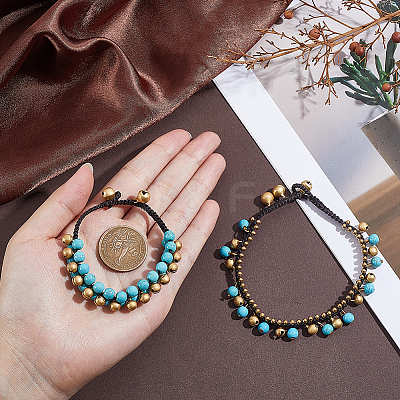 Bohemian Synthetic Turquoise & Brass Bell Tassel Braided Waxed Cord Anklets & Bracelets for Women SJEW-PH0001-30-1