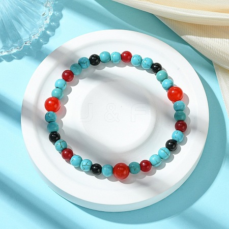 Synthetic Turquoise & Natural Black Onyx & Natural & Dyed Malaysia Jade & Natural Carnelian Stretch Bracelets BJEW-JB11474-01-1