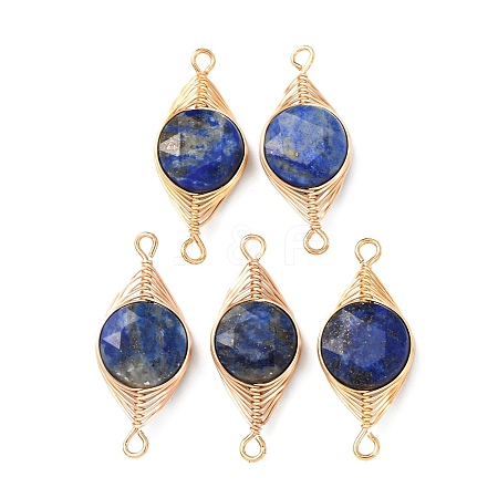 Natural Lapis Lazuli Faceted Hexagonal Cut Flat Round Links Connector Charms with Copper Herringbone Wire-Wrapped KK-Z152-07G-02-1