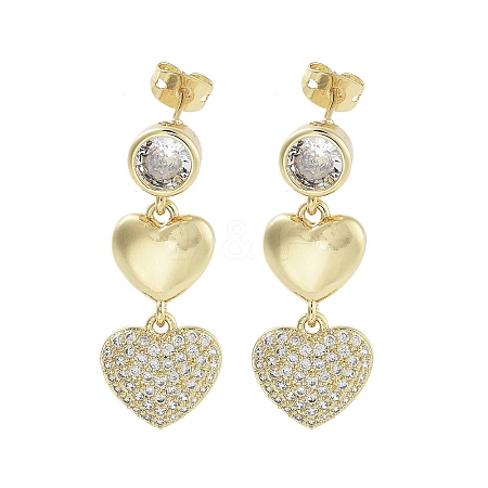 Heart Brass with Cubic Zirconia Dangle Stud Earrings EJEW-Q811-30G-1